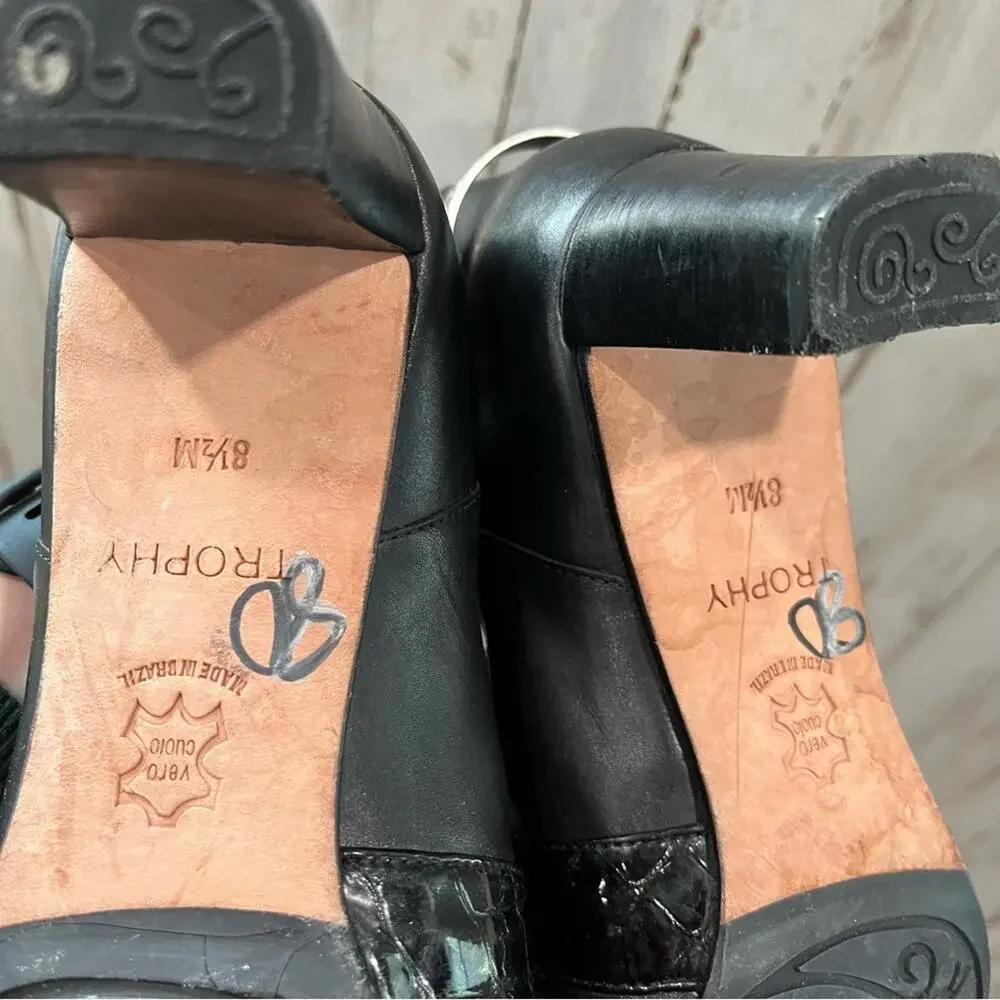 Brighton Black Leather Croc Western Booties Square Toe Womens 8.5 Motorcycle